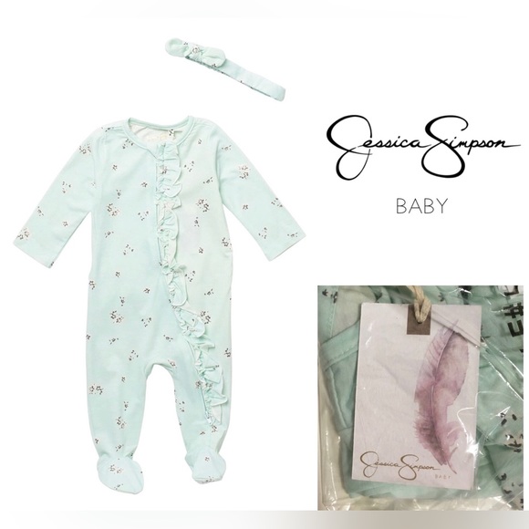 🆕JESSICA SIMPSON BABY - 3/6M - NWT - 2PC AQUA FLORAL SLEEPER AND HEADBAND - Picture 1 of 5
